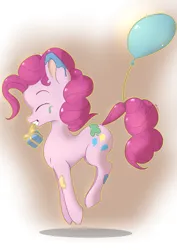 Size: 1771x2508 | Tagged: safe, artist:db, artist:dbcreativearts, artist:playful wings, derpibooru import, pinkie pie, earth pony, pony, g4, balloon, eyes closed, female, gradient background, happy, image, jumping, mare, messy, mouth hold, paint, png, present, profile, side view, smiling, solo