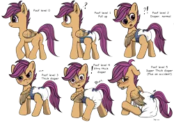 Size: 4093x2894 | Tagged: suggestive, artist:playful wings, derpibooru import, scootaloo, pegasus, pony, g4, ..., blushing, chart, crinkleloo, cute, cutealoo, diaper, diaper chart, diaper fetish, diaperloo, embarrassed, exclamation point, fart, fart noise, female, fetish, filly, floppy ears, foal, folded wings, image, interrobang, looking at you, looking back, mare, messy diaper, non-baby in diaper, one eye closed, onomatopoeia, open mouth, png, poofy diaper, poop, pooping, poopy diaper, pullup (diaper), question mark, shart, simple background, sound effects, spread wings, transparent background, used diaper, wings, wings down