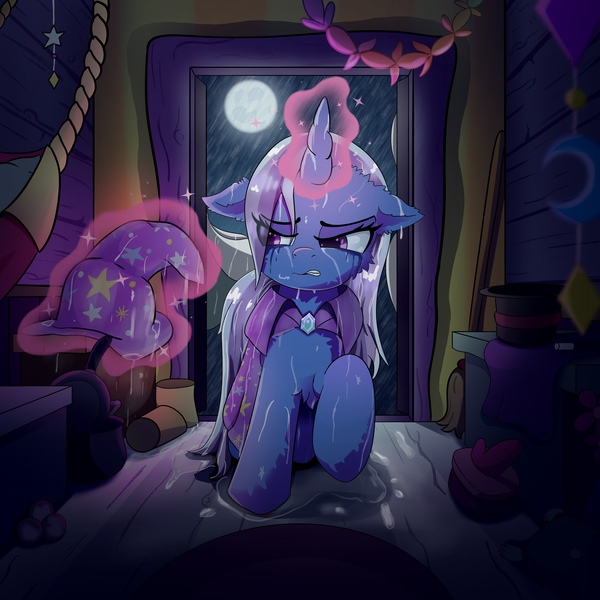 Size: 4096x4096 | Tagged: safe, artist:sirbreadstick99, derpibooru import, trixie, pony, unicorn, g4, angry, cape, clothes, crying, female, females only, hat, horn, image, indoors, jpeg, magic, magician, magician outfit, moon, rain, sad, scowl, trixie's cape, trixie's hat, wagon