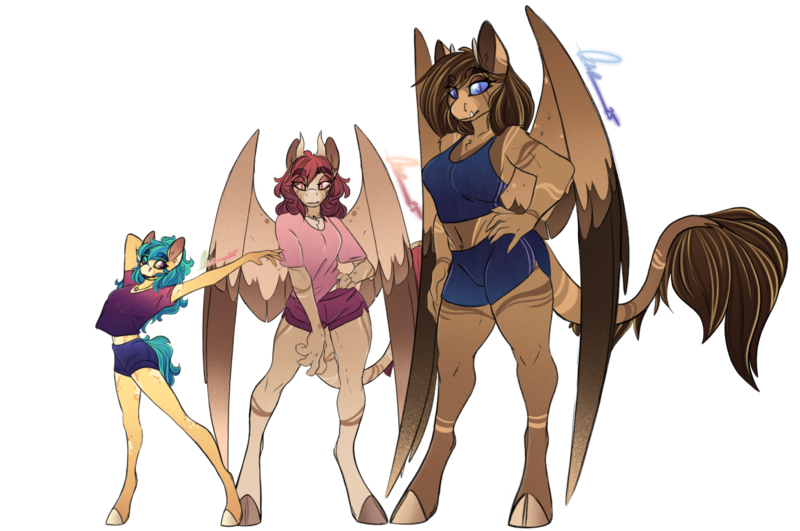 Size: 2580x1714 | Tagged: safe, artist:trashpanda czar, derpibooru import, oc, oc:cassiopeia, oc:eliza mane, oc:hylia mane, unofficial characters only, anthro, earth pony, hybrid, unguligrade anthro, chest fluff, clothes, cloven hooves, coat markings, colored sclera, ear fluff, ear piercing, earth pony oc, eyebrows, eyebrows visible through hair, eyelashes, female, hand on hip, horns, hybrid oc, image, jewelry, long hair, long mane, long tail, looking at you, necklace, open mouth, piercing, png, prehensile tail, procreate app, shirt, shorts, shoulder fluff, signature, simple background, size comparison, size difference, slit pupils, smiling, sports bra, sports shorts, t-shirt, tail, transparent background, tusk, wings