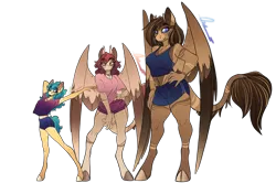 Size: 2580x1714 | Tagged: safe, artist:trashpanda czar, derpibooru import, oc, oc:cassiopeia, oc:eliza mane, oc:hylia mane, unofficial characters only, anthro, earth pony, hybrid, unguligrade anthro, chest fluff, clothes, cloven hooves, coat markings, colored sclera, ear fluff, ear piercing, earth pony oc, eyebrows, eyebrows visible through hair, eyelashes, female, hand on hip, horns, hybrid oc, image, jewelry, long hair, long mane, long tail, looking at you, necklace, open mouth, piercing, png, prehensile tail, procreate app, shirt, shorts, shoulder fluff, signature, simple background, size comparison, size difference, slit pupils, smiling, sports bra, sports shorts, t-shirt, tail, transparent background, tusk, wings