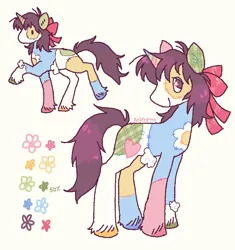 Size: 749x796 | Tagged: safe, artist:peskypawz, derpibooru import, oc, unofficial characters only, pony, unicorn, aside glance, beige background, bow, brown eyes, brown mane, brown tail, closed mouth, color palette, colored horn, dot eyes, ear fluff, flower, full body, hair bow, heart, horn, image, lidded eyes, looking at you, multicolored coat, multicolored horn, multiple views, pixel-crisp art, plaid, png, seams, side view, sideways glance, signature, simple background, smiling, smiling at you, solo, standing, tail, three quarter view, turned head, unicorn oc, unshorn fetlocks, walking