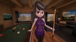 Size: 2560x1440 | Tagged: safe, artist:oatmeal!, derpibooru import, octavia melody, human, equestria girls, g4, 3d, backless, clothes, gmod, holding, image, legs together, living room, looking at you, open-back sweater, png, pool ball, pool table, sleeveless, sleeveless sweater, solo, standing, sweater, tights, variant, virgin killer sweater