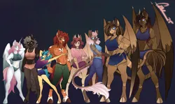 Size: 3301x1972 | Tagged: safe, artist:trashpanda czar, derpibooru import, oc, oc:aleksi mane, oc:cassiopeia, oc:crimson vircyne, oc:czar ski, oc:eliza mane, oc:hylia mane, oc:saline voronin, oc:vivian mane, unofficial characters only, alicorn, anthro, earth pony, unguligrade anthro, alicorn oc, belly, belly button, boyshorts, bra, chest fluff, chin fluff, clothes, coat markings, colored sclera, ear fluff, ear piercing, earth pony oc, eye scar, facial scar, female, horn, horns, hybrid oc, image, long hair, long mane, long tail, looking at you, male, panties, pants, piercing, png, prehensile tail, procreate app, rule 63, scar, shirt, shorts, shoulder fluff, sideburns, signature, simple background, size comparison, size difference, slit pupils, smiling, sports bra, sports shorts, sweatpants, t-shirt, tail, tusk, underwear, wings