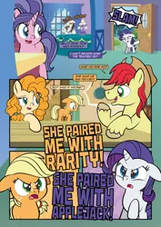 Size: 2482x3509 | Tagged: safe, artist:alexdti, derpibooru import, applejack, bright mac, cookie crumbles, hondo flanks, pear butter, rarity, earth pony, pony, unicorn, comic:how we met, g4, blank flank, comic, dialogue, father and child, father and daughter, father and mother, female, filly, filly applejack, filly rarity, floppy ears, foal, freckles, hat, horn, image, male, mare, mother and child, mother and daughter, open mouth, png, raised hoof, speech bubble, stallion, talking, unshorn fetlocks, younger