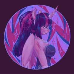 Size: 2048x2048 | Tagged: safe, artist:sarpiza_, derpibooru import, twilight sparkle, twilight sparkle (alicorn), alicorn, anthro, pony, g4, abstract background, alternative cutie mark placement, bare shoulders, big breasts, breasts, bust, busty twilight sparkle, ear piercing, earring, female, horn, horn jewelry, image, jewelry, jpeg, mare, necklace, piercing, ponytail, profile, shoulder cutie mark, sideboob, signature, smiling, solo