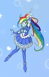 Size: 618x958 | Tagged: safe, artist:siemensohm, derpibooru import, rainbow dash, human, equestria girls, g4, blue background, clothes, cure beat, dress, female, grin, hands in the air, image, png, pointing, precure, simple background, smiling, solo