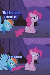 Size: 644x960 | Tagged: safe, derpibooru import, edit, edited screencap, screencap, rainbow dash, earth pony, pegasus, pony, g4, over a barrel, biting, comic, dialogue, duo, female, image, jpeg, mare, my little pony, night, screencap comic, sitting, smiling, spread wings, stars, stuttering, tail, tail bite, tail in mouth, text, tipi, wings
