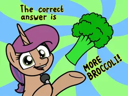 Size: 2048x1548 | Tagged: safe, artist:ewoudcponies, derpibooru import, oc, oc:jazzy saddles, unofficial characters only, pony, unicorn, broccoli, bust, female, food, hoof hold, horn, image, looking at you, mare, microphone, open mouth, open smile, png, smiling, smiling at you, solo, sunburst background