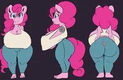 Size: 4121x2690 | Tagged: suggestive, artist:penlink, derpibooru import, pinkie pie, anthro, earth pony, plantigrade anthro, pony, g4, ass, balloonbutt, barefoot, big breasts, breasts, busty pinkie pie, butt, cameltoe, cleavage, feet, female, huge breasts, image, impossibly large breasts, looking at you, mare, png, reference sheet, smiling, smiling at you, solo, solo female, thighs, thunder thighs, wide hips