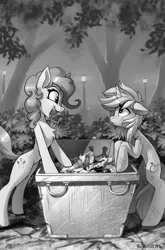 Size: 1346x2043 | Tagged: safe, artist:ramiras, derpibooru import, lyra heartstrings, pinkie pie, earth pony, pony, unicorn, fanfic:background pony, g4, black and white, duo, grayscale, horn, image, monochrome, png