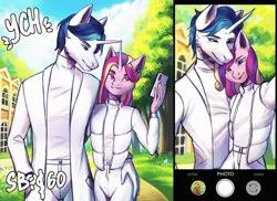 Size: 4800x3500 | Tagged: safe, artist:aqualit, derpibooru import, princess cadance, shining armor, alicorn, anthro, earth pony, pegasus, pony, unicorn, g4, clothes, commission, couple, cute, female, horn, image, jpeg, love, male, park, selfie, ship:shiningcadance, shipping, straight, your character here