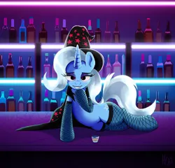 Size: 2500x2400 | Tagged: safe, artist:jphyperx, derpibooru import, trixie, pony, unicorn, g4, alcohol, bar, bedroom eyes, blushing, cape, clothes, drink, drunk, female, fishnet clothing, fishnets, glass, hat, heart, heart eyes, horn, image, indoors, laughing at you, looking at you, lying down, my little romance - the great & powerful, neon, nightclub, png, shot glass, smiling, smirk, socks, solo, stockings, stupid sexy trixie, thigh highs, wingding eyes