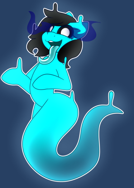 Size: 3608x5040 | Tagged: safe, artist:askhypnoswirl, derpibooru import, oc, unnamed oc, unofficial characters only, anthro, ghost, ghost pony, pony, undead, black sclera, blue background, commission, glow, glowing eyes, hand, image, long tongue, looking at you, open mouth, png, simple background, smiling, smiling at you, solo, tongue out, white eyes, wide hips