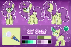 Size: 5300x3500 | Tagged: safe, artist:sweet cream, derpibooru import, oc, oc:sky spark, unofficial characters only, pony, unicorn, alternate hairstyle, clothes, cutie mark, glasses, horn, image, magic, magic aura, png, reference sheet, scarf, simple background, solo