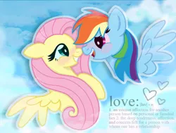 Size: 2000x1512 | Tagged: safe, artist:dagobbie, derpibooru import, fluttershy, rainbow dash, pegasus, pony, g4, blushing, cloud, definition, duo, duo female, female, floating heart, floppy ears, flutterdash, heart, image, jpeg, lesbian, looking at each other, looking at someone, love, mare, open mouth, open smile, outline, shipping, sky, smiling, spread wings, wings