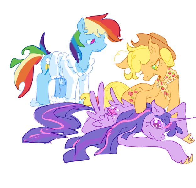 Size: 2248x2160 | Tagged: safe, artist:breaded-boi, derpibooru import, applejack, rainbow dash, twilight sparkle, twilight sparkle (alicorn), alicorn, earth pony, pegasus, pony, fanfic, fanfic:the friendship epilogues, g4, alternate hairstyle, applejack's hat, bathrobe, closed mouth, clothes, cowboy hat, fanfic art, feathered wings, female, freckles, full body, hat, horn, image, lesbian, long sleeves, looking at someone, lying down, petting, png, polyamory, prone, robe, shawl, ship:appledashlight, ship:twijack, shipping, side, simple background, standing, story included, stray strand, trio, trio female, wavy mouth, white background, wings