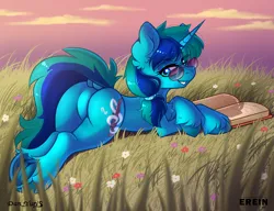 Size: 2600x2000 | Tagged: safe, alternate version, artist:erein, artist:yuris, derpibooru import, oc, oc:roxyanne lullaby, unofficial characters only, pony, unicorn, alternate character, butt, chest fluff, cloud, collaboration, commission, dock, featureless crotch, female, field, flower, frog (hoof), grass, horn, image, looking at you, looking back, looking back at you, lying down, multi ych "on the beach/field", outdoors, plot, png, sky, smiling, smiling at you, solo, tail, underhoof, ych result