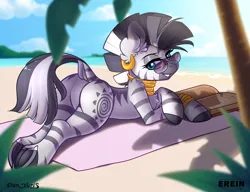 Size: 2600x2000 | Tagged: safe, alternate version, artist:erein, artist:yuris, derpibooru import, zecora, pony, zebra, g4, alternate character, beach, book, butt, cloud, collaboration, commission, dock, ear fluff, female, frog (hoof), image, looking at you, looking back, looking back at you, lying down, mare, multi ych "on the beach/field", nudity, ocean, outdoors, palm tree, plot, png, sky, smiling, smiling at you, solo, tail, tree, underhoof, water, ych result