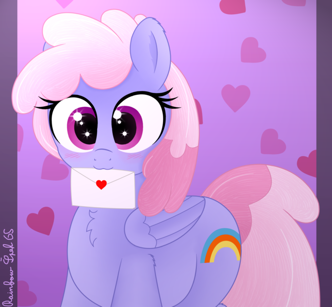 Size: 3260x3016 | Tagged: safe, artist:rainbowšpekgs, derpibooru import, rainbowshine, pegasus, pony, g4, :3, chest fluff, cute, female, heart, image, letter, looking at you, love letter, mare, mouth hold, png, smiling, solo