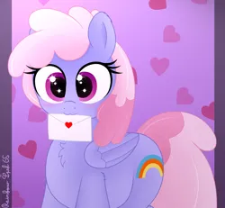 Size: 3260x3016 | Tagged: safe, artist:rainbowšpekgs, derpibooru import, rainbowshine, pegasus, pony, g4, :3, chest fluff, cute, female, heart, image, letter, looking at you, love letter, mare, mouth hold, png, smiling, solo