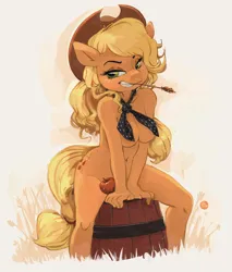 Size: 2800x3279 | Tagged: suggestive, artist:edtropolis, derpibooru import, applejack, anthro, earth pony, g4, alternate hairstyle, applejack's hat, ascot, barrel, bedroom eyes, belly, belly button, breasts, busty applejack, cowboy hat, female, freckles, grin, gritted teeth, hat, hip freckles, image, looking at you, mouth hold, nudity, partial nudity, png, shoulder freckles, smiling, solo, solo female, strategically covered, straw in mouth, teeth