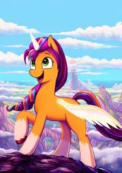 Size: 1140x1612 | Tagged: safe, artist:jowybean, derpibooru import, sunny starscout, alicorn, earth pony, pony, g5, my little pony: a new generation, cloud, etsy, female, image, jpeg, mane stripe sunny, mare, mountain, ocean, outdoors, race swap, scenery, scenery porn, sky, solo, spread wings, sunnycorn, water, wings