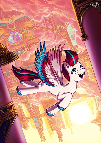 Size: 1140x1612 | Tagged: safe, artist:jowybean, derpibooru import, pipp petals, zipp storm, pegasus, pony, g5, billboard, city, cloud, etsy, female, flying, image, jpeg, mare, outdoors, scenery, scenery porn, solo, spread wings, sun, sunset, upside down, wings, zephyr heights