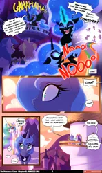 Size: 3541x5976 | Tagged: safe, artist:lummh, artist:regendary, derpibooru import, applejack, fluttershy, nightmare moon, pinkie pie, princess celestia, princess luna, rainbow dash, rarity, twilight sparkle, alicorn, pony, unicorn, comic:the princess of love, friendship is magic, g4, absurd resolution, comic, crying, dialogue, ethereal mane, ethereal tail, fangs, female, horn, image, mane six, mare, my little pony, png, pun, s1 luna, slit pupils, smiling, speech bubble, starry mane, starry tail, tail