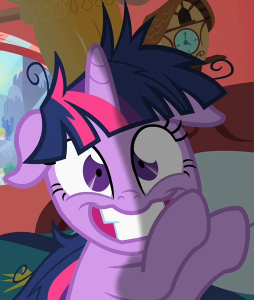 Size: 610x720 | Tagged: safe, derpibooru import, screencap, twilight sparkle, pony, unicorn, g4, lesson zero, season 2, bed, clock, crazy face, creepy, faic, female, floppy ears, golden oaks library, horn, image, insanity, library, mare, messy mane, my little pony, nightmare fuel, png, shrunken pupils, solo, twilight snapple, twilight sparkle is best facemaker, unicorn twilight, window