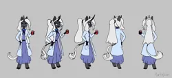 Size: 5889x2682 | Tagged: safe, artist:pontiy, derpibooru import, oc, oc:doctor ilarsy, unofficial characters only, anthro, unguligrade anthro, unicorn, clothes, cloven hooves, female, gray background, horn, image, lab coat, png, scientist, simple background, solo