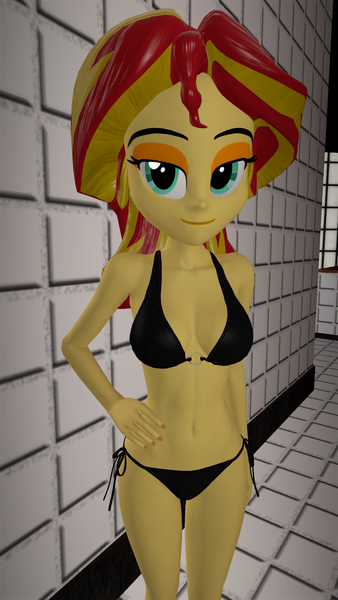 Size: 1440x2560 | Tagged: suggestive, artist:oatmeal!, derpibooru import, sunset shimmer, human, equestria girls, g4, 3d, bedroom eyes, belly, belly button, bikini, breasts, cleavage, clothes, female, gmod, hand on hip, humanized, image, looking at you, png, sexy, solo, solo female, standing, swimsuit, tiled background