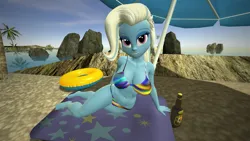 Size: 2560x1440 | Tagged: suggestive, artist:oatmeal!, derpibooru import, trixie, human, equestria girls, g4, 3d, beach, beer bottle, belly, belly button, big breasts, bikini, bottle, breasts, cleavage, clothes, crossed legs, female, gmod, huge breasts, image, looking at you, lying down, ocean, panties, png, sexy, side, solo, solo female, swimsuit, thong, towel, tropical, umbrella, underwear, water