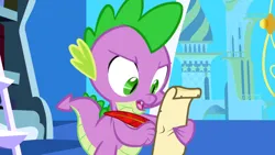 Size: 1920x1080 | Tagged: safe, derpibooru import, screencap, spike, dragon, friendship is magic, g4, feather, image, ladder, letter, male, my little pony, paper, parchment, png, quill, solo, twilight's canterlot home, window