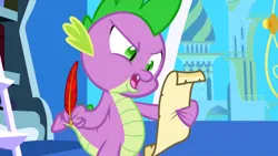 Size: 1920x1080 | Tagged: safe, derpibooru import, screencap, spike, dragon, friendship is magic, g4, feather, image, ladder, letter, male, my little pony, paper, parchment, png, quill, solo, twilight's canterlot home, window