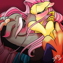 Size: 1600x1608 | Tagged: safe, artist:dragonfoxgirl, derpibooru import, discord, fluttershy, draconequus, pegasus, g4, 2020, blushing, deviantart watermark, discoshy, female, image, jpeg, kissing, male, obtrusive watermark, old art, shipping, straight, watermark