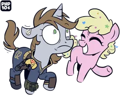 Size: 1450x1150 | Tagged: safe, artist:wandrevieira1994, derpibooru import, oc, oc:littlepip, oc:pinkie bell, oc:silver bell, unofficial characters only, pony, unicorn, fallout equestria, g4, armor, bandage, clothes, confetti, female, filly, foal, gun, handgun, horn, image, jumpsuit, little macintosh, looking up, mare, pipbuck, png, revolver, simple background, smiling, transparent background, vault suit, weapon