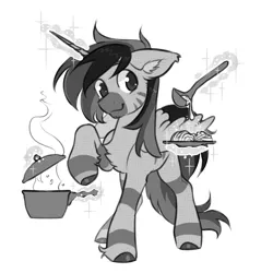 Size: 2700x2700 | Tagged: safe, artist:opalacorn, derpibooru import, oc, oc:silver stream, unofficial characters only, alicorn, pony, zebra, zebra alicorn, black and white, chest fluff, floppy ears, food, grayscale, horn, image, jpeg, ladle, levitation, magic, male, monochrome, plate, pot, simple background, solo, stallion, telekinesis, white background, wings, zebra oc