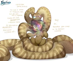 Size: 3842x3216 | Tagged: safe, artist:fluffyxai, derpibooru import, oc, oc:anika, oc:spirit wind, pony, snake, dizzy, drool, female, hypno eyes, hypnosis, hypnotized, image, imminent death, imminent vore, kaa eyes, male, png, smiling, speech, stallion, talking, teasing, text