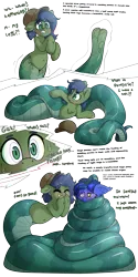 Size: 4000x8000 | Tagged: safe, artist:fluffyxai, derpibooru import, oc, oc:cobalt flash, oc:gray hat, unofficial characters only, lamia, original species, snake, coiling, coils, giggling, grin, gritted teeth, hug, hypnosis, image, mid transformation, png, post-transformation, shocked, smiling, speech, surprised, sweat, sweatdrop, tail, tail wrap, talking, teeth, text, transformation, wrapped up