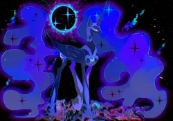 Size: 2388x1668 | Tagged: safe, artist:aquma, derpibooru import, nightmare moon, alicorn, pony, g4, eclipse, ethereal mane, female, image, jpeg, mare, slender, solar eclipse, solo, space, thin