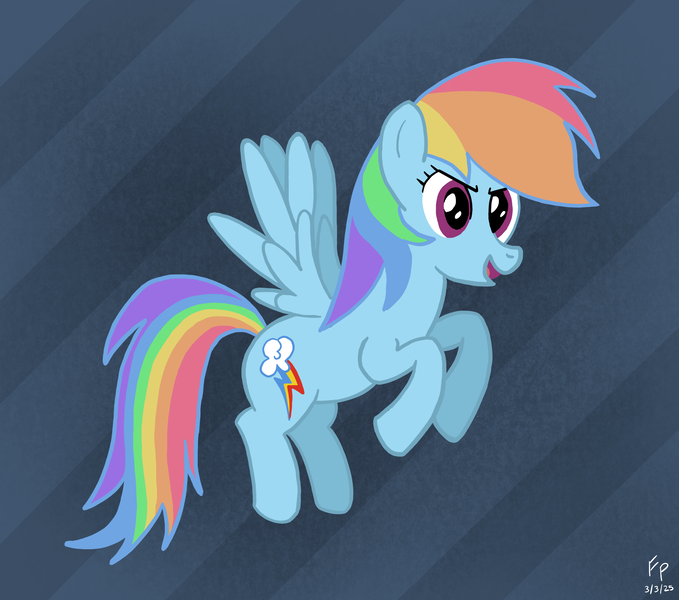 Size: 2420x2137 | Tagged: safe, artist:formulapony, derpibooru import, rainbow dash, pegasus, pony, g4, abstract background, determined, flying, image, open mouth, open smile, png, smiling, solo, spread wings, wings