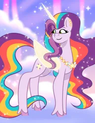 Size: 2000x2600 | Tagged: safe, artist:shad0w-galaxy, derpibooru import, alicorn, pony, g5, my little pony: tell your tale, alicorn velvet starscout, artificial horn, artificial wings, augmented, cloud, concave belly, ear piercing, ethereal mane, ethereal tail, female, high res, horn, image, jewelry, magic, magic horn, magic wings, mare, necklace, on a cloud, outdoors, piercing, png, rainbow waterfall, show accurate, skyros, slender, smiling, solo, standing on a cloud, style emulation, tail, tall, thin, unshorn fetlocks, velvet starscout, wings