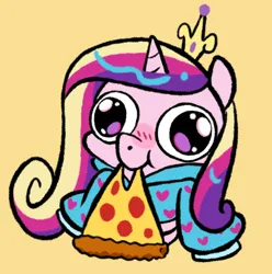 Size: 618x624 | Tagged: safe, artist:paperbagpony, derpibooru import, princess cadance, g4, blushing, chibi, clothes, commission, crown, food, hoodie, image, jewelry, pizza, png, regalia, ych result