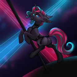 Size: 5096x5096 | Tagged: suggestive, artist:siatikas, derpibooru import, oc, oc:synthie glitch, unofficial characters only, bat pony, bat pony unicorn, hybrid, pony, unicorn, bat pony unicorn oc, blue eyes, choker, clothes, club, cute, cute little fangs, ear piercing, ear tufts, earring, fangs, female, garters, harness, heart, horn, image, jewelry, laser, looking at you, makeup, mare, multicolored mane, multicolored tail, neon, piercing, png, pole dancing, socks, solo, solo female, standing, standing on one leg, stockings, stripper pole, stripping, tack, tail, tail wrap, thigh highs