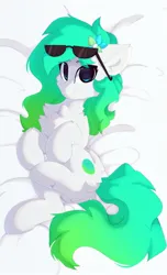 Size: 1074x1768 | Tagged: safe, artist:little-sketches, ponerpics import, oc, oc:gumdrop, unofficial characters only, earth pony, pony, bed, butt fluff, cheek fluff, chest fluff, ear fluff, earth pony oc, eye clipping through hair, eyebrows visible through hair, female, floppy ears, flower, flower in hair, gradient mane, gradient tail, image, jpeg, laying on bed, leg fluff, looking at you, mare, on bed, raised eyebrows, raised leg, side, smiling, smiling at you, solo, sunglasses, sunglasses on head, underhoof