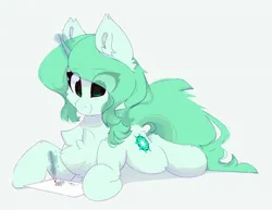 Size: 1712x1324 | Tagged: safe, artist:little-sketches, ponerpics import, oc, oc:mynillion, unofficial characters only, pony, unicorn, butt fluff, cheek fluff, chest fluff, curved horn, drawing, ear fluff, eye clipping through hair, eyebrows visible through hair, female, gray background, hair over one eye, horn, image, jpeg, leg fluff, looking down, lying down, magic, magic aura, mare, paper, pencil, raised eyebrows, simple background, smiling, solo, unicorn horn, unicorn oc