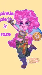 Size: 864x1536 | Tagged: safe, artist:zackchibi, derpibooru import, pinkie pie, human, g4, belly, belly button, clothes, cosplay, costume, eared humanization, female, fingerless gloves, gloves, humanized, image, midriff, open mouth, open smile, party cannon, png, pony coloring, simple background, smiling, solo, standing, standing on one leg, valorant, waving, waving at you, yellow background