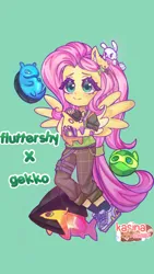 Size: 864x1536 | Tagged: safe, artist:zackchibi, derpibooru import, angel bunny, fluttershy, human, rabbit, g4, animal, clothes, cosplay, costume, eared humanization, female, green background, humanized, image, male, png, pony coloring, simple background, smiling, valorant, winged humanization, wings