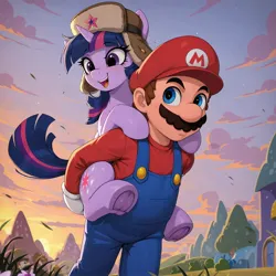 Size: 2048x2048 | Tagged: safe, generator:zoinksnoob, machine learning generated, twilight sparkle, human, pony, unicorn, g4, cap, clothes, cloud, crossover, cute, duo, female, hat, horn, image, jpeg, mare, mario, mario's hat, open mouth, open smile, overalls, piggyback ride, prompter:siber, sky, smiling, super mario bros., unicorn twilight, ushanka